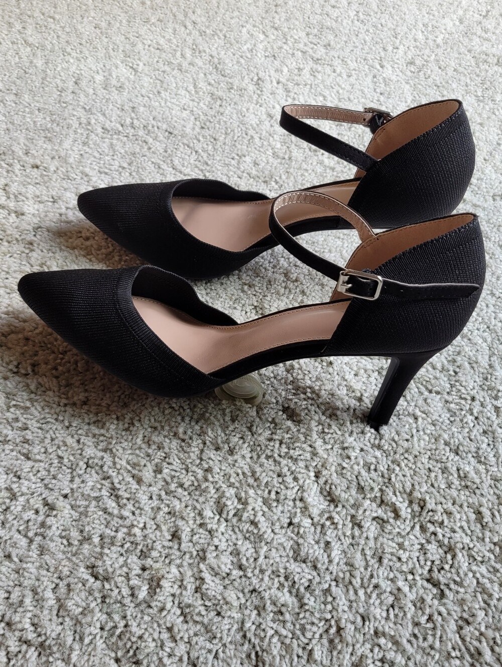 New, Classic Black Knit Fabric Pointed-Toe Slingback Heels Ankle Strap  8 1/2